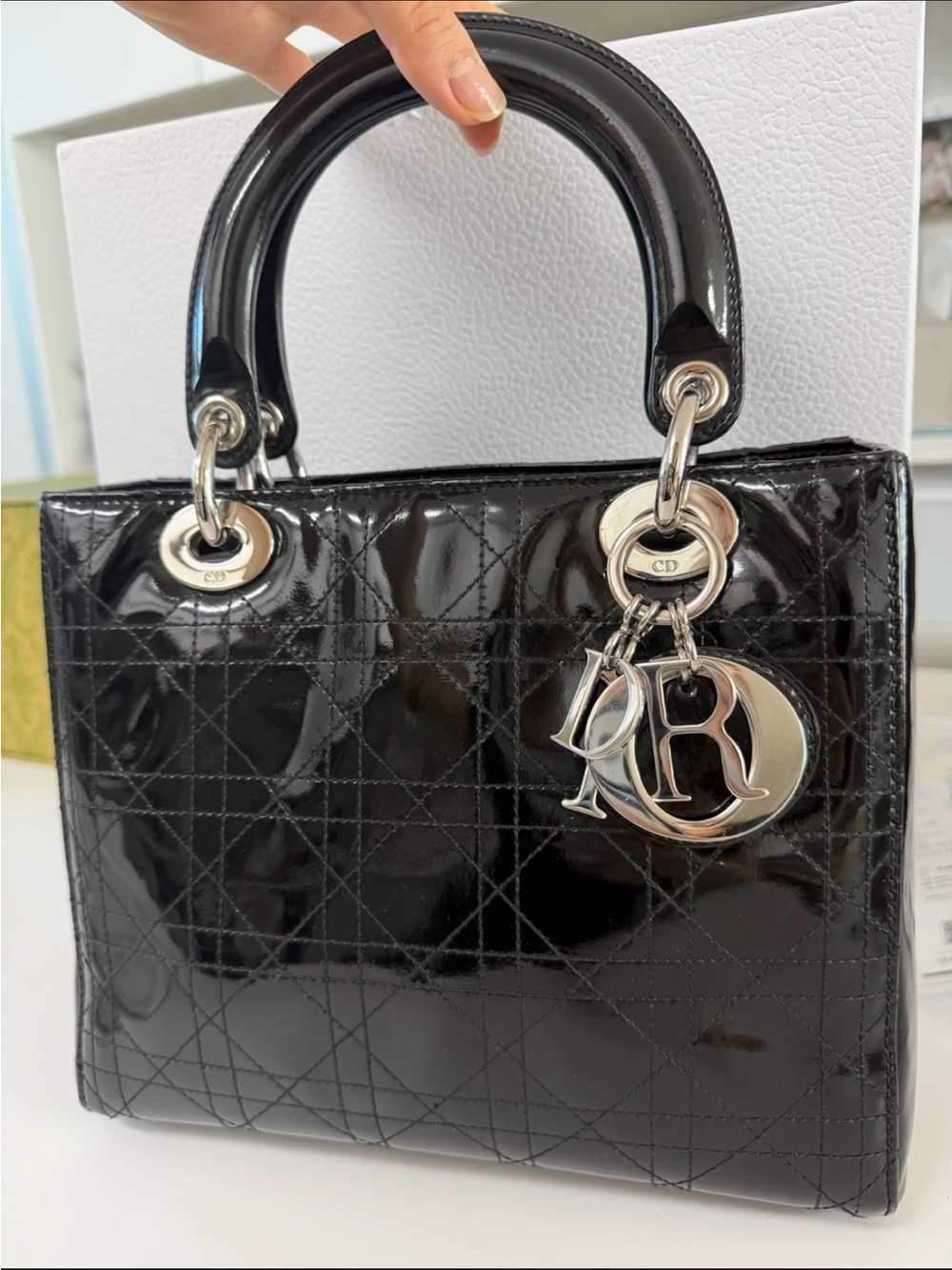 Dior Black Patent Leather Mini Lady Dior Top-Handle Bag
